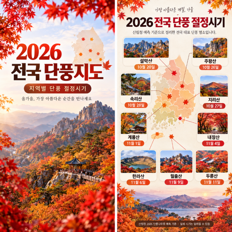 2026 전국 단풍시기 총정리, 설악산부터 내장산까지 절정은 언제?