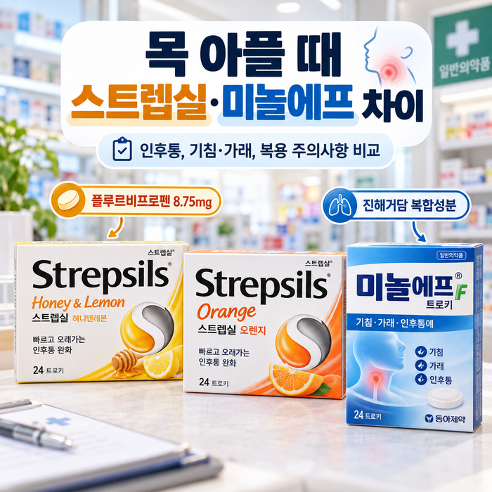 목 아플 때 스트렙실·미놀에프 차이, 기침·가래에도 효과 있을까? 부작용·복용 주의사항