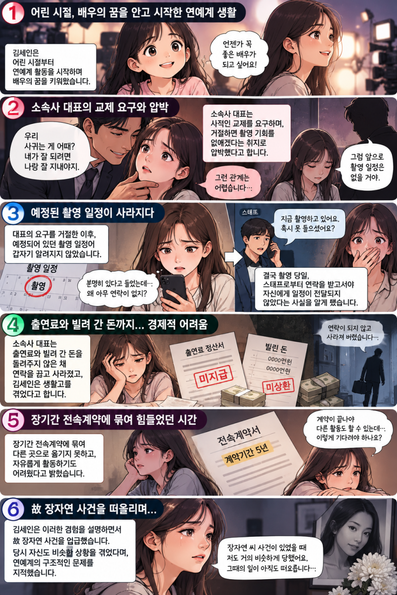 김세인, 소속사 대표의 교제 강요·출연료 피해 폭로…故 장자연 사건과 닮은 연예계 갑질, ....