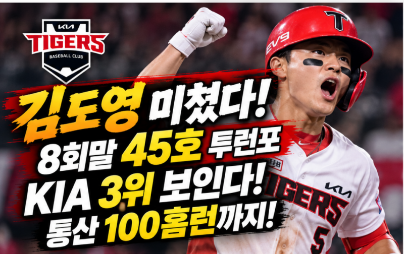 김도영 홈런 ! 8회말 45호 홈런 폭발…KIA 3위 · 홈런왕 · 통산 100홈런 한 방에 잡나