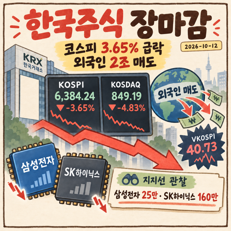 2026-10-12 한국주식 장마감｜코스피 3.65% 급락·외국인 2조 원 매도, 삼성전자·SK하이닉스 지지....
