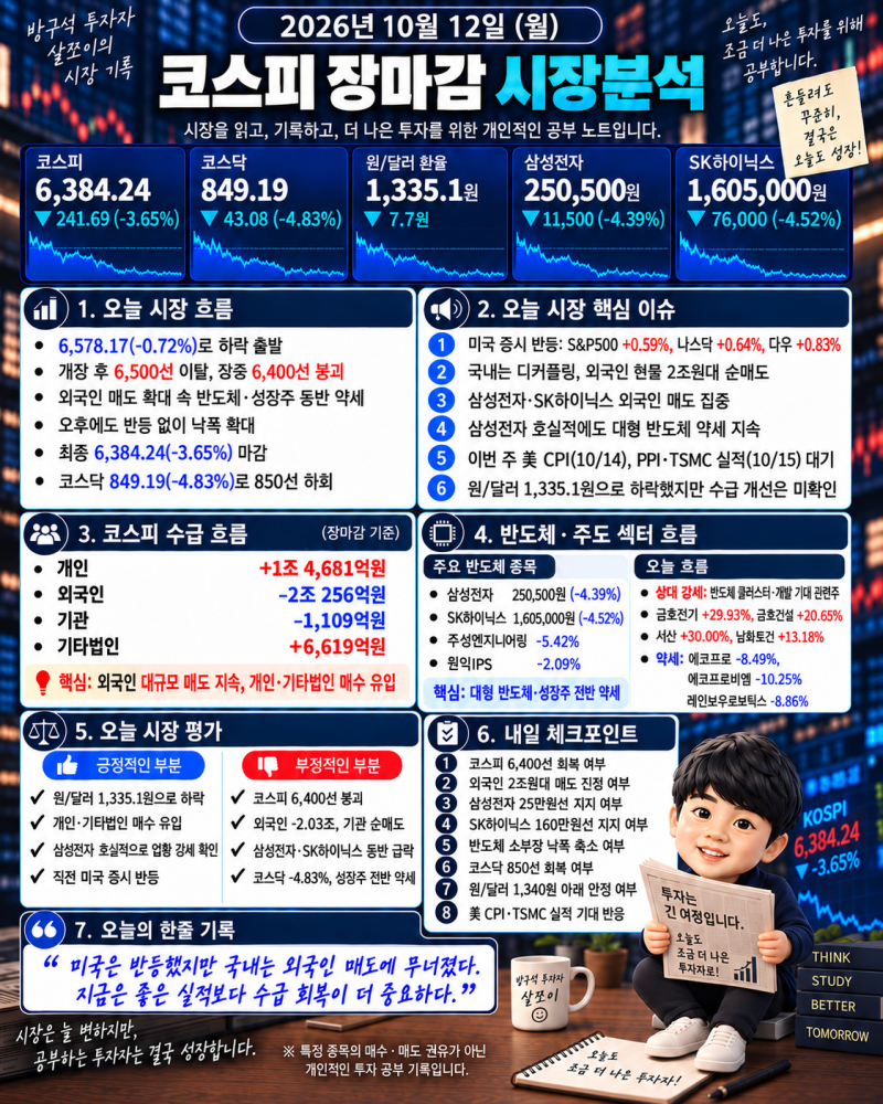 26.10.12 시장분석 - 코스피 6400선 붕괴, 외국인 2조원 매도, 삼성전자와 SK하이닉스 급락!