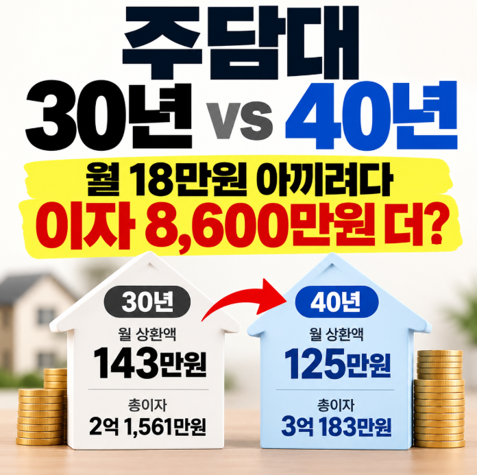 주담대 30년 vs 40년, 월 18만원 아끼려다 이자 8,600만원 더 낸다?