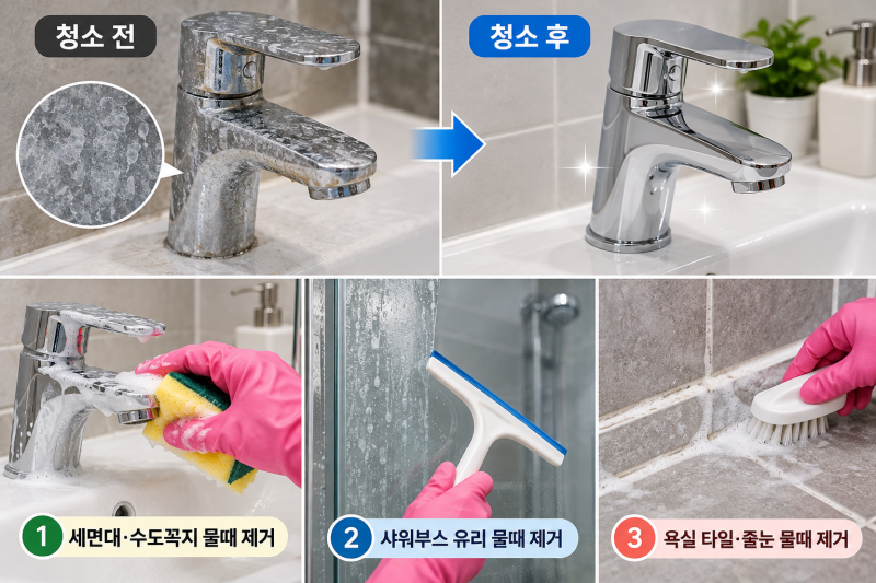 화장실 물때 제거하는법｜타일·세면대·샤워부스 물때 깨끗하게 없애는 꿀팁