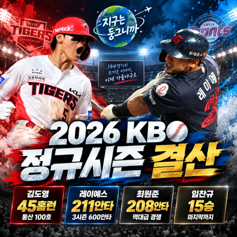 2026 KBO 정규시즌 결산｜김도영 45홈런·레이예스 211안타 신기록, 와일드카드 일정까지