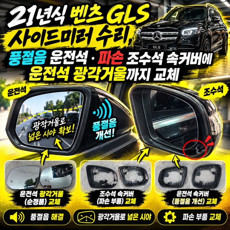 21년식 벤츠 GLS 사이드미러 수리, 풍절음 운전석·파손 조수석 속커버에 운전석 광각거울까지....