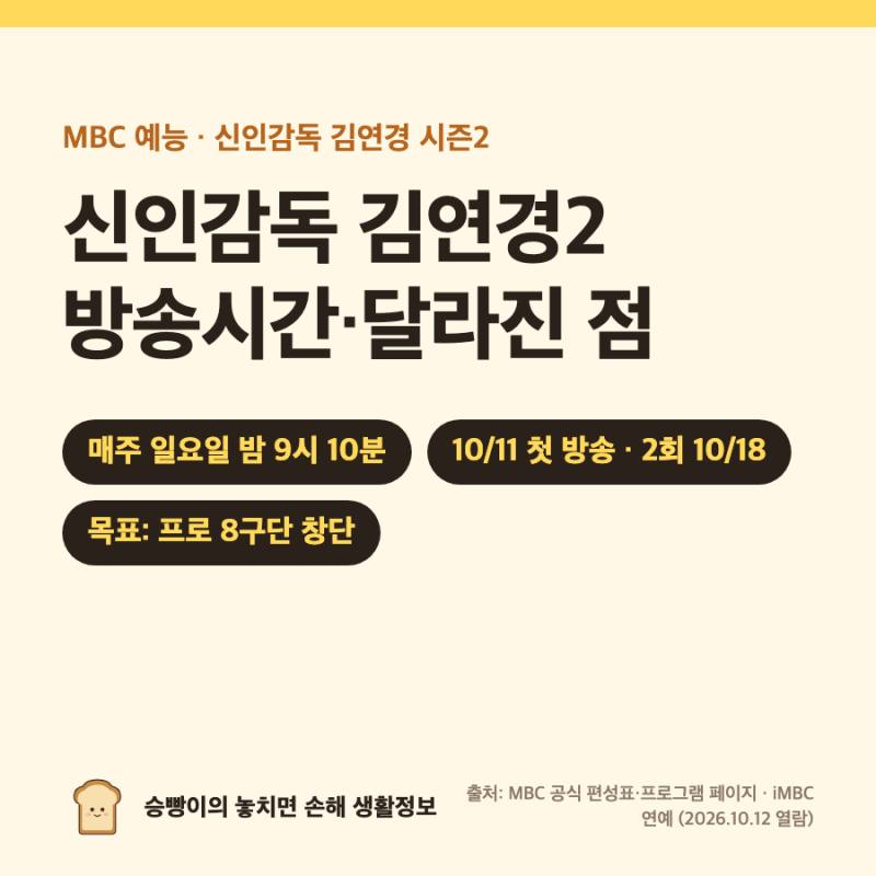 신인감독 김연경2 기본 정보｜일요일 21:10 · 10/11 첫 방송 · 2회 10/18 · 시즌2 달라진 점