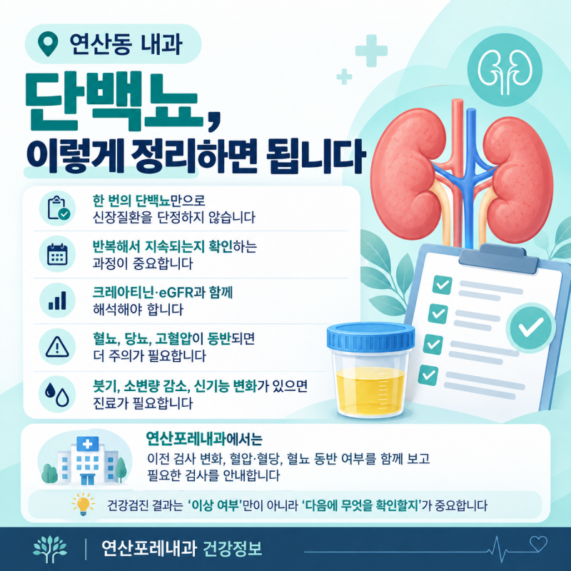 [연산동 내과] 건강검진에서 단백뇨가 나왔다면? 신장질환일까요? 크레아티닌·eGFR까지 알아....