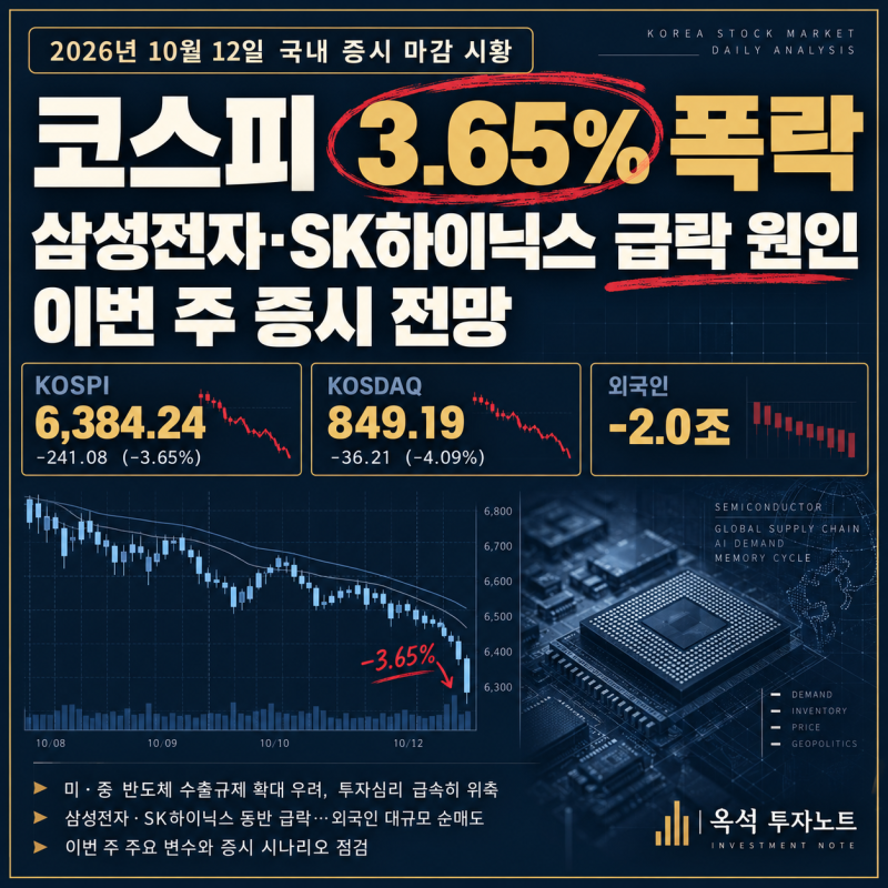2026년 10월 12일 국내 증시 마감 시황: 코스피 3.65% 폭락, 삼성전자·SK하이닉스 급락 원인과 이....