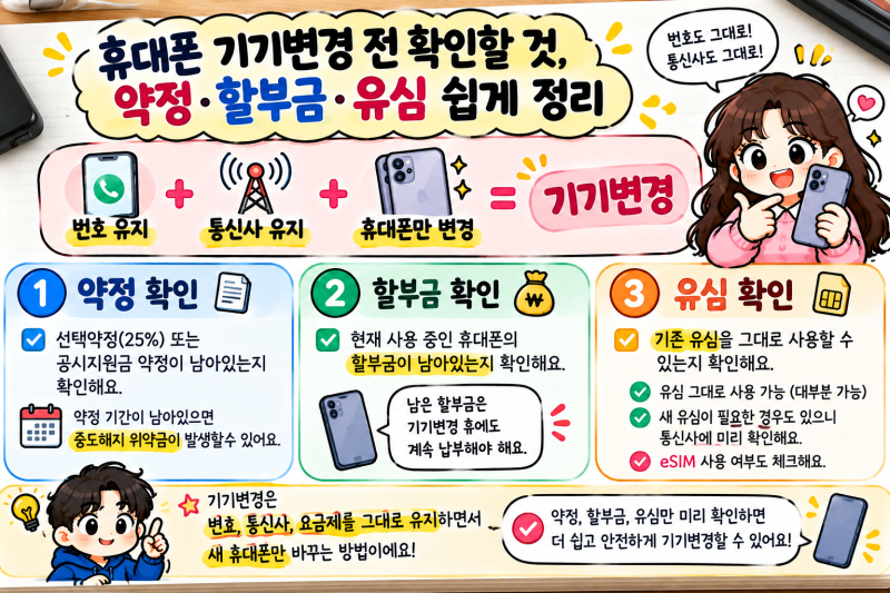 휴대폰 기기변경은 어떻게 할까? 번호 유지·약정·할부·유심/eSIM 확인 순서