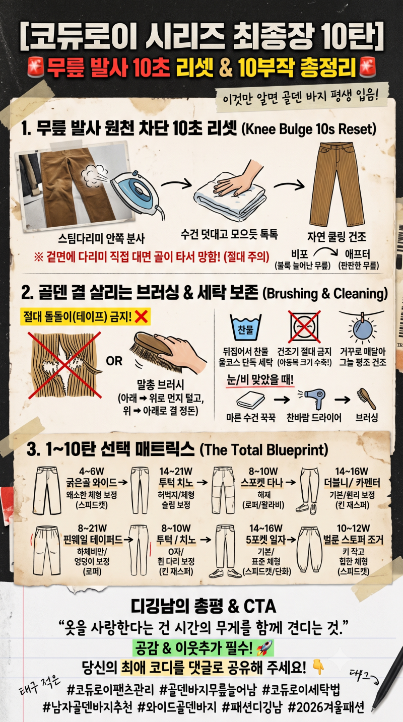 남자 코듀로이 팬츠 세탁 보관법, 골덴 바지 늘어난 무릎 복구 2026 총결산