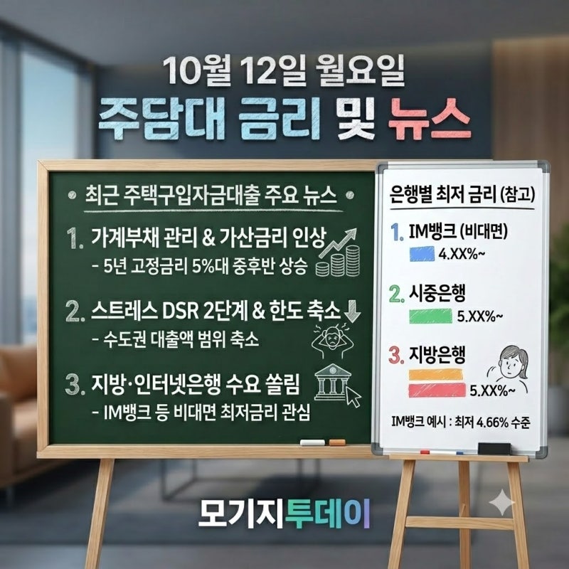 10월 12일 주담대 금리 비교 - IM뱅크 주택구입자금대출 4.66% 등 은행 보험사 주택담보대출 최....