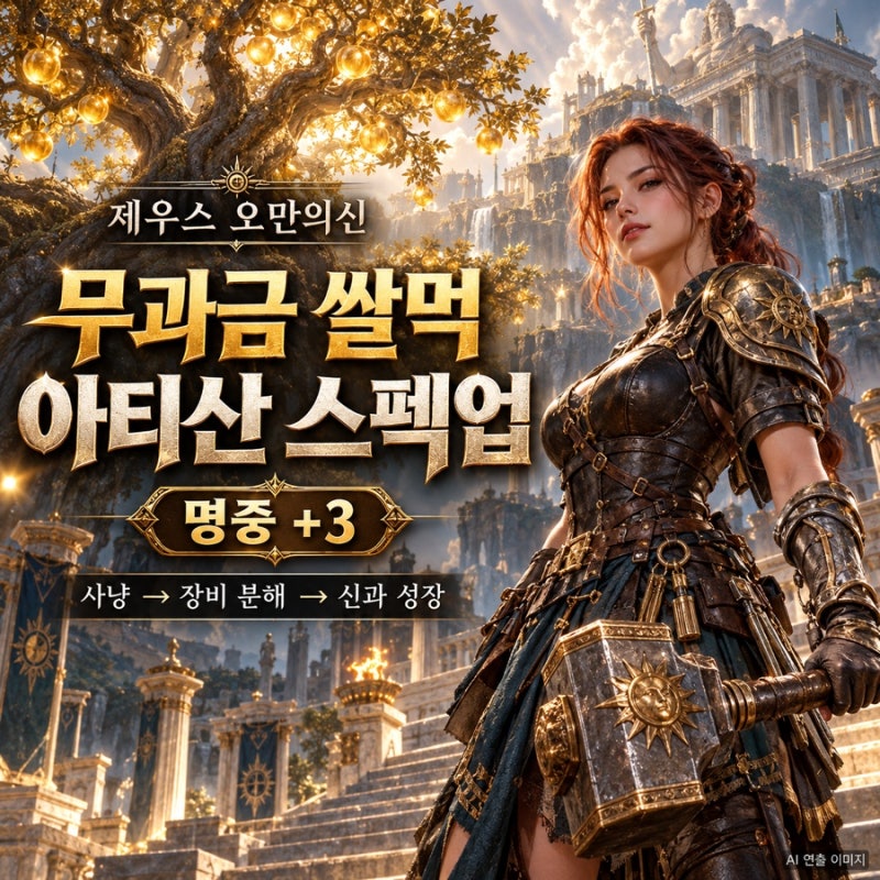 제우스 오만의신 무과금 쌀먹 아티산 스펙업! 사냥해서 신과 올렸더니 명중 +3
