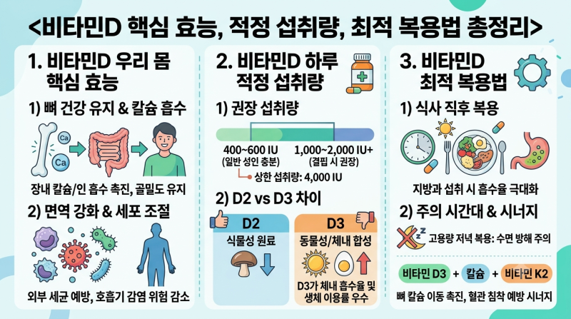 비타민D 효능과 적정 섭취량 총정리: 하루 권장량부터 복용 시간까지