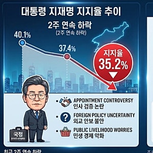 이재명 대통령 지지율 35.2%로 하락…국민의힘, 민주당 앞섰다! 민심이 흔들리는 이유