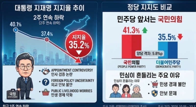 이재명 대통령 지지율 35.2%로 하락…국민의힘, 민주당 앞섰다! 민심이 흔들리는 이유