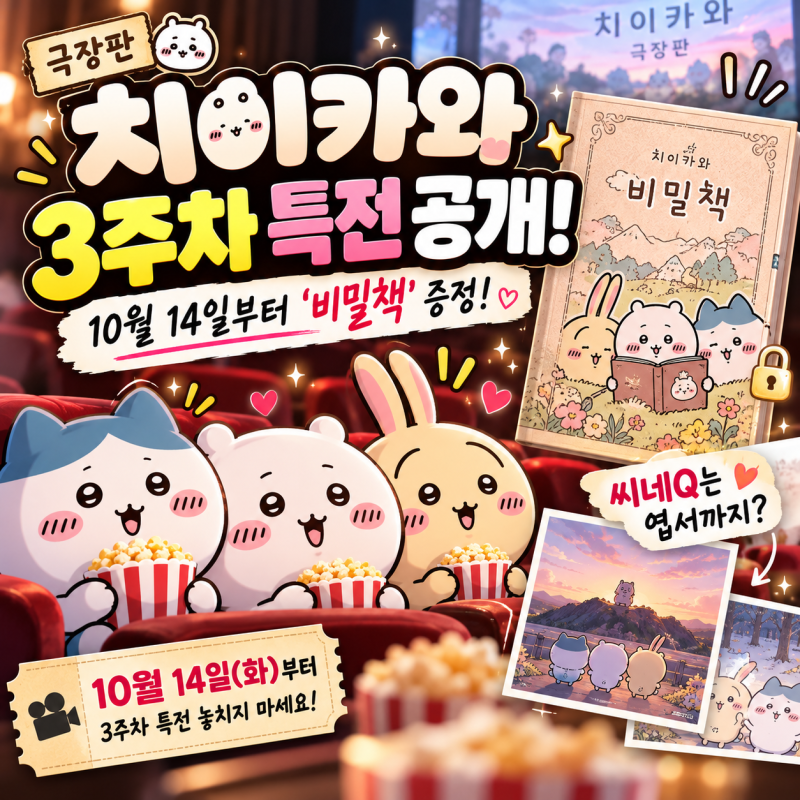 극장판 치이카와 3주차 특전 공개! 10월 14일부터 '비밀책' 증정, 씨네Q는 엽서까지?