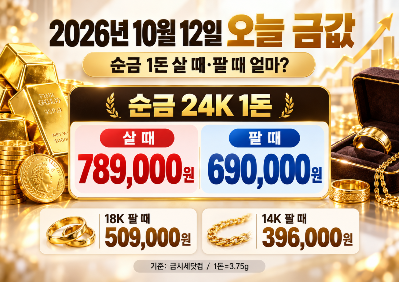 2026년 10월 12일 오늘 금값｜순금 1돈 살 때·팔 때 얼마? 18K·14K 시세 총정리
