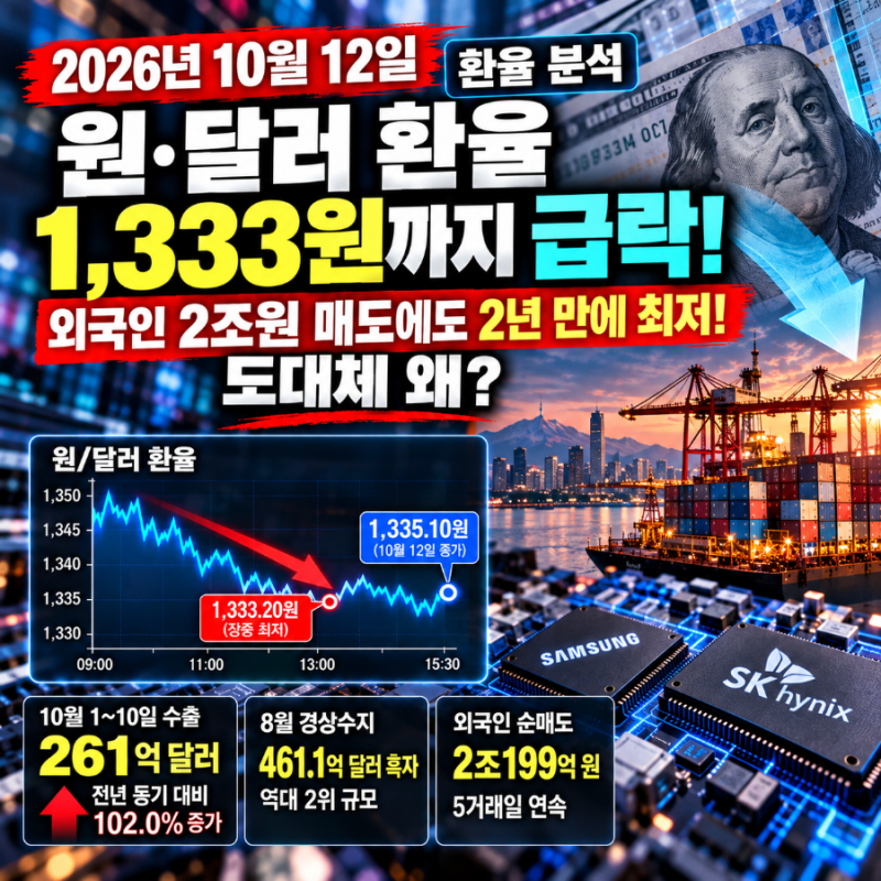 2026년 10월 12일 환율 분석 | 환율 1,333원까지 급락! 외국인 2조원 매도에도 2년 만에 최저…도....