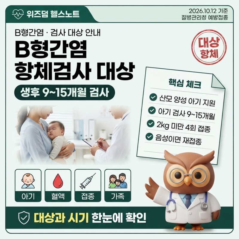 B형간염 항체검사 대상과 시기, 생후 9~15개월·성인 고위험군·접종 후 검사