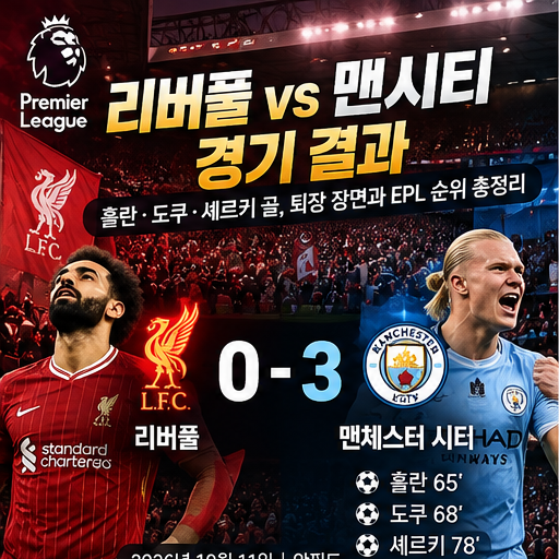 리버풀 맨시티 0-3 경기 결과! 홀란·도쿠·셰르키 골, 퇴장 장면과 EPL 순위 총정리