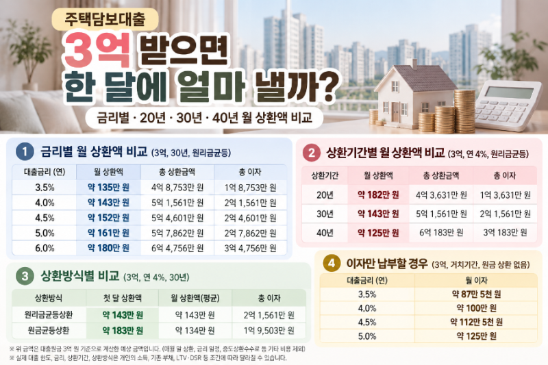 주택담보대출 3억 받으면 한 달에 얼마 낼까? 금리별 30년·40년 월 상환액 정리