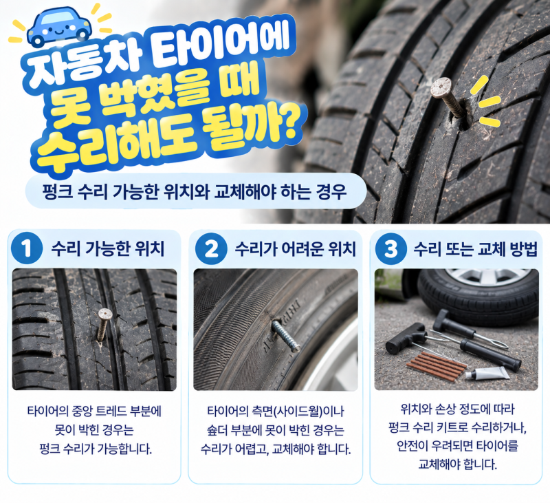 자동차 타이어에 못 박혔을 때 수리해도 될까?｜펑크 수리 가능한 위치와 교체해야 하는 경....