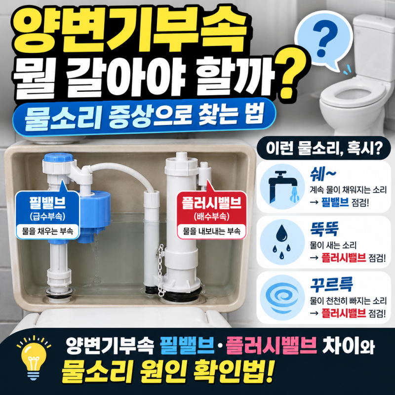 양변기부속 필밸브와 플러시밸브 차이, 물소리 날 때 먼저 볼 쪽