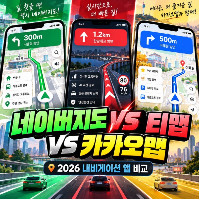 2026 내비게이션 앱 순위 뒤집혔다? 네이버지도 VS 티맵 VS 카카오맵 비교