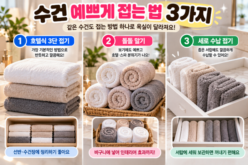 수건 예쁘게 접는 법 3가지! 호텔식 수건 접기로 욕실 수납까지 깔끔하게