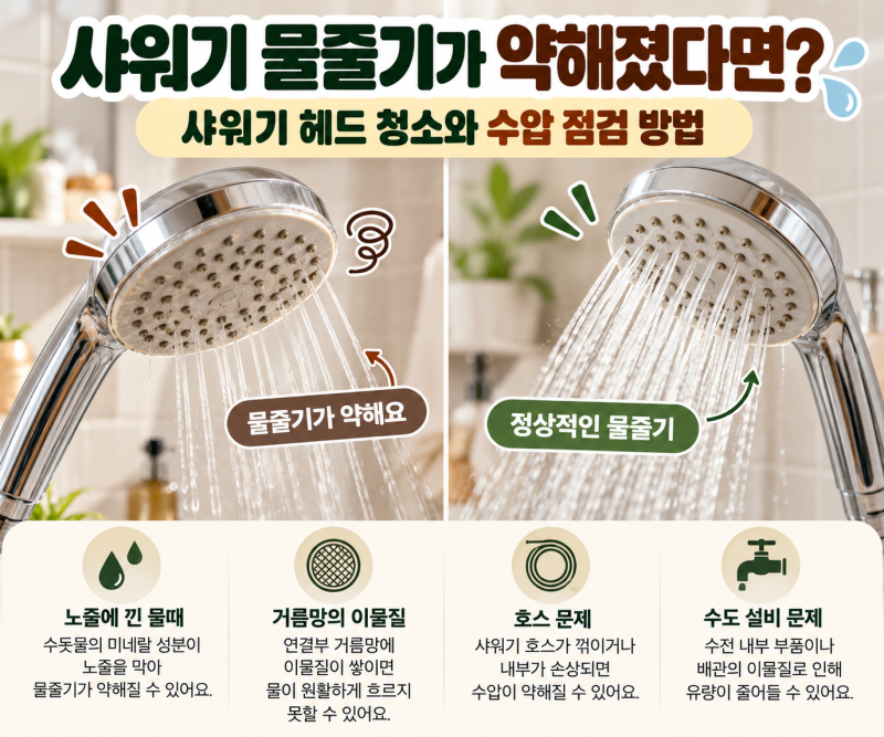 샤워기 물줄기가 약해졌다면? 샤워기 헤드 청소와 수압 점검 방법