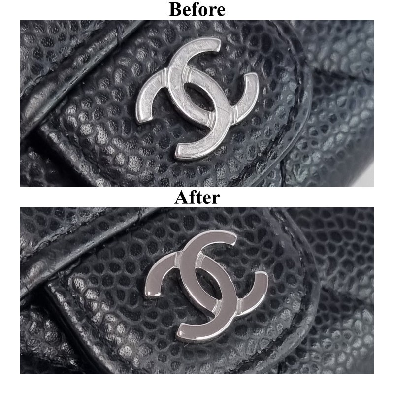 샤넬(CHANEL) 지갑 은도금 복원, 변색되고 스크래치 난 로고를 깔끔하게 되살려드립니다!