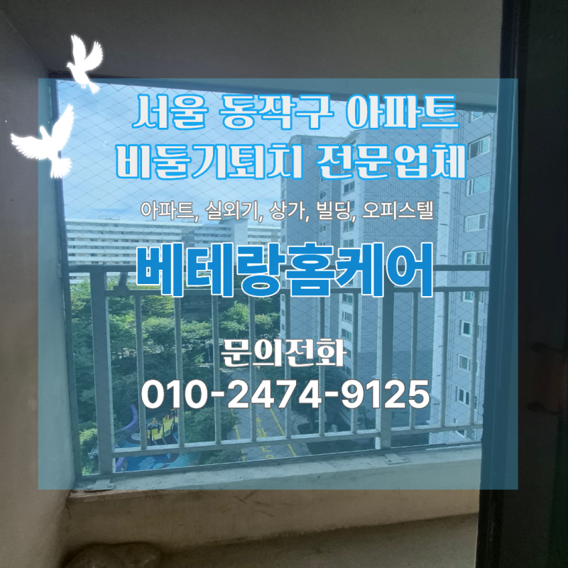 서울 동작구 본동 래미안 아파트 비둘기퇴치망 설치 및 실외기실 깃털 배설물 청소 현장