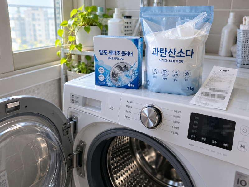 세탁조 클리너 vs 과탄산소다 드럼·통돌이 세탁기 냄새·찌꺼기 청소 살림픽 기준