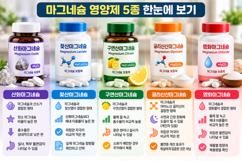 젖산마그네슘 효능과 흡수율, 산화·구연산·글리신산마그네슘 차이까지 총정리
