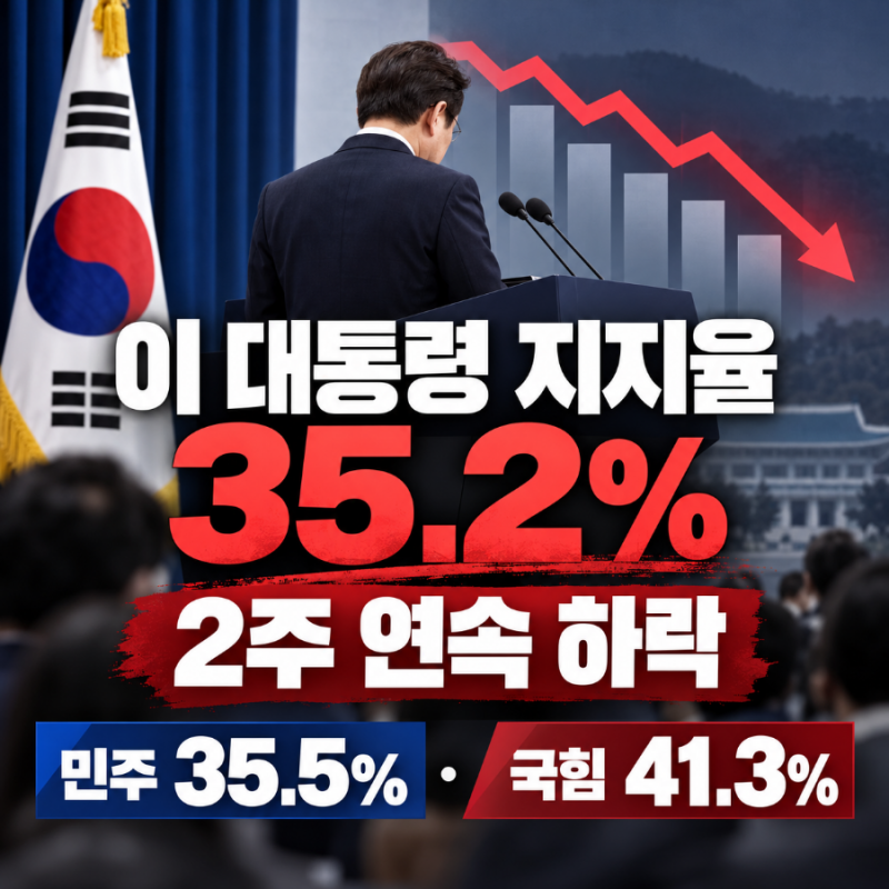 이재명 대통령 지지율 35.2%...2주 연속 하락, 국민의힘 41.3%.민주당 35.5%