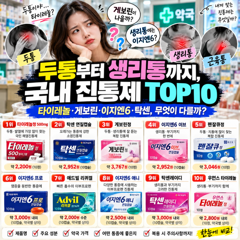 두통부터 생리통까지, 국내 진통제 TOP10｜타이레놀·게보린·이지엔6·탁센, 무엇이 다를까?