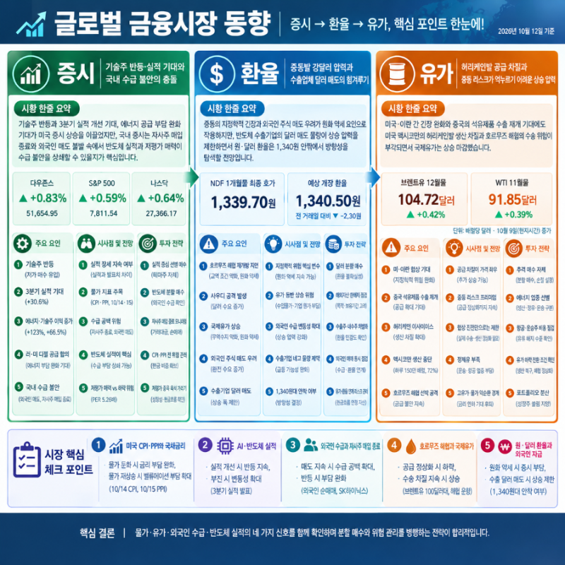 글로벌 경제지표 분석 및 투자 전략(26년 10월 12일) : 오늘 경제, 오늘 증시, 오늘 환율 Summary