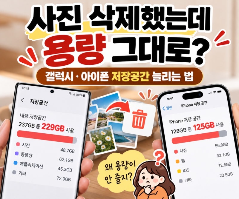 휴대폰 사진 삭제했는데 용량 그대로? 갤럭시 아이폰 저장공간 늘리는 법