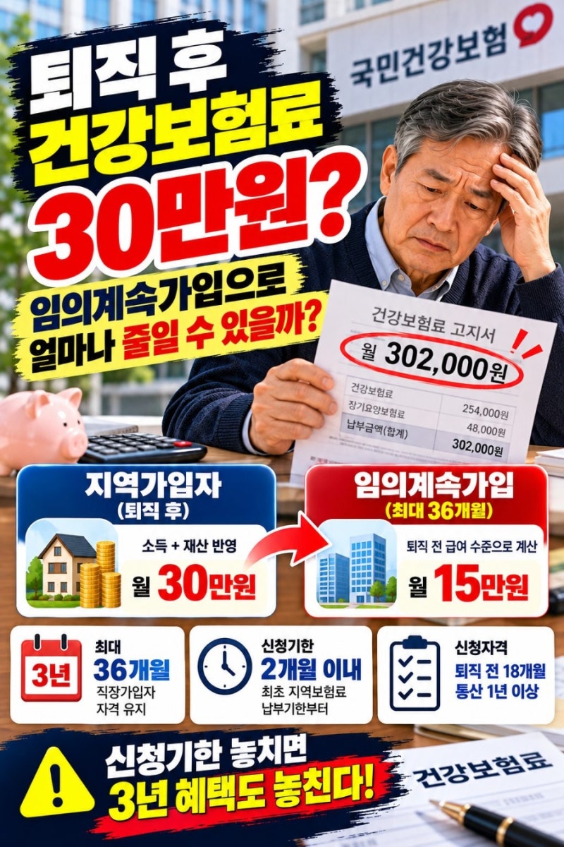 퇴직 후 건강보험료 30만원 나왔다면…임의계속가입으로 얼마나 줄일 수 있을까 ?