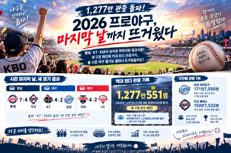 ⚾ 1,277만 관중 돌파! 2026 프로야구, 마지막 날까지 뜨거웠다