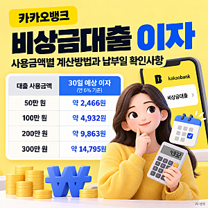 카카오뱅크 비상금대출 이자｜사용금액별 계산방법과 납부일 확인사항