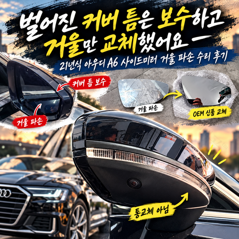 벌어진 커버 틈은 보수하고 거울만 교체했어요 21년식 아우디 A6 사이드미러 거울 파손 수리 ....