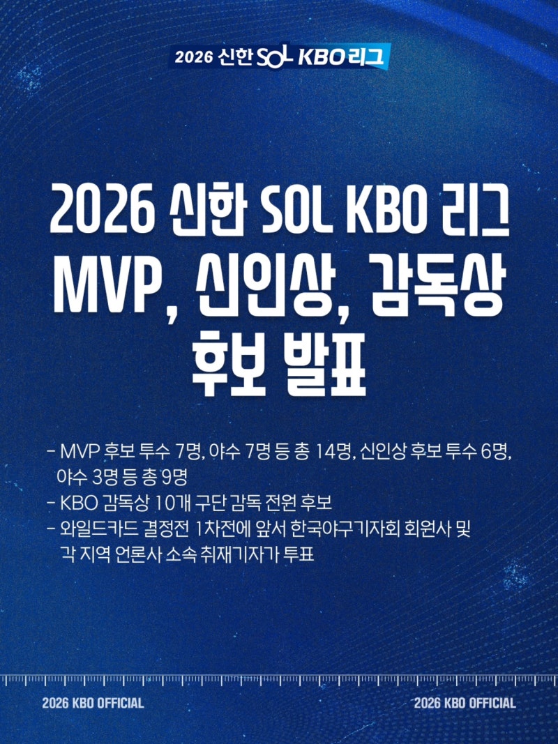 2026 KBO 프로야구 MVP 신인상 감독상 후보 발표 | 고영표 곽빈 힐리어드 레이예스 김도영 우강....