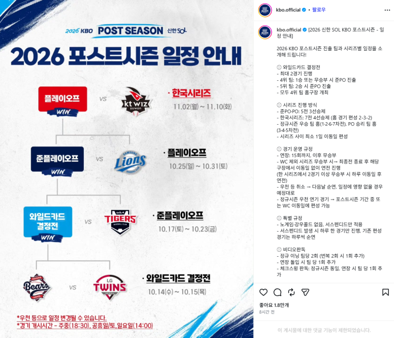 [야구/정보] 2026 KBO 포스트시즌 일정 총정리⚾｜와일드카드부터 한국시리즈, 삼성 라이온즈 ....