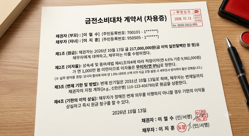 부모 자식 간 차용증 2억 무이자 진짜 세금 0원일까? (작성법·확정일자·최대 8억 차용의 진실....