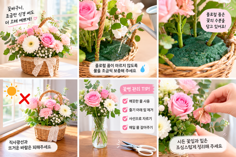꽃바구니 오래 유지하는 법 7가지｜꽃이 빨리 시드는 이유와 물 관리 방법