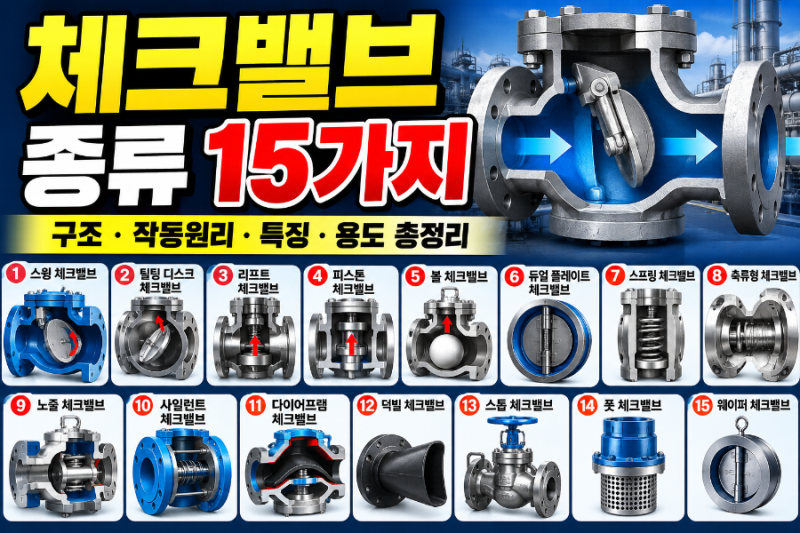 체크밸브 종류 15가지 총정리. 구조·작동원리·특징·용도와 수격현상 비교