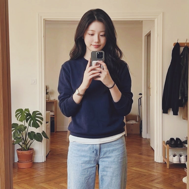 고윤정 맨투맨 코디 따라 입어 봤어요, 네이비 맨투맨 + 연청 데님 가을 착장 후기. 못생김주....