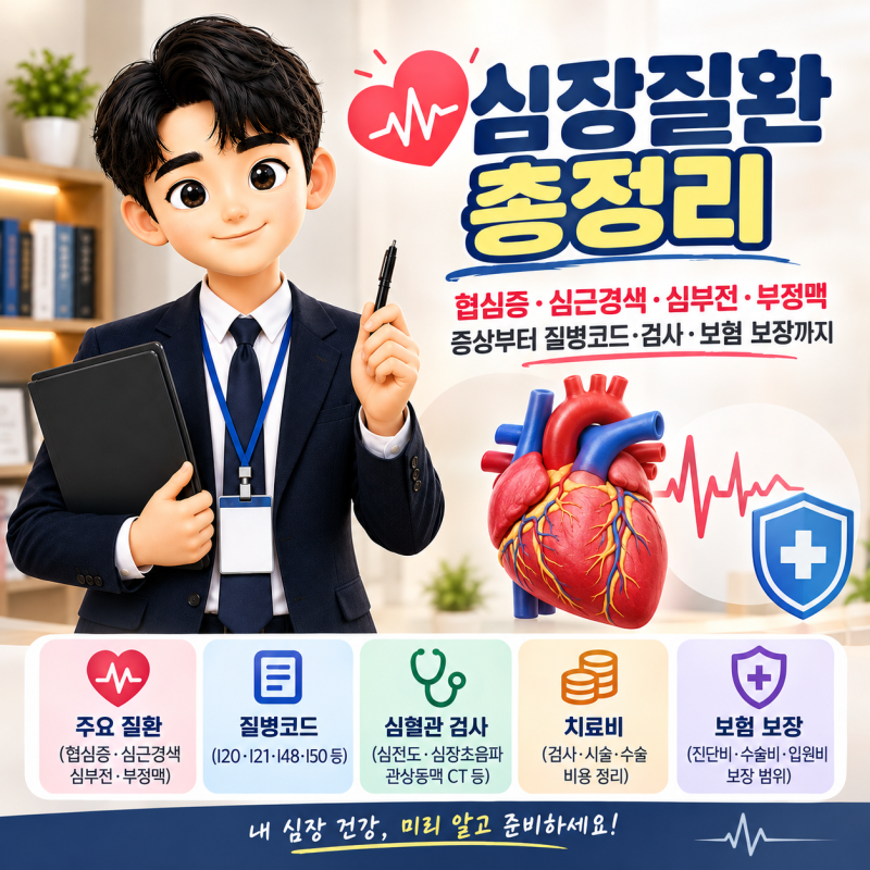 심장질환 총정리｜협심증·심근경색·심부전·부정맥 증상부터 질병코드·검사·보험 보장까....
